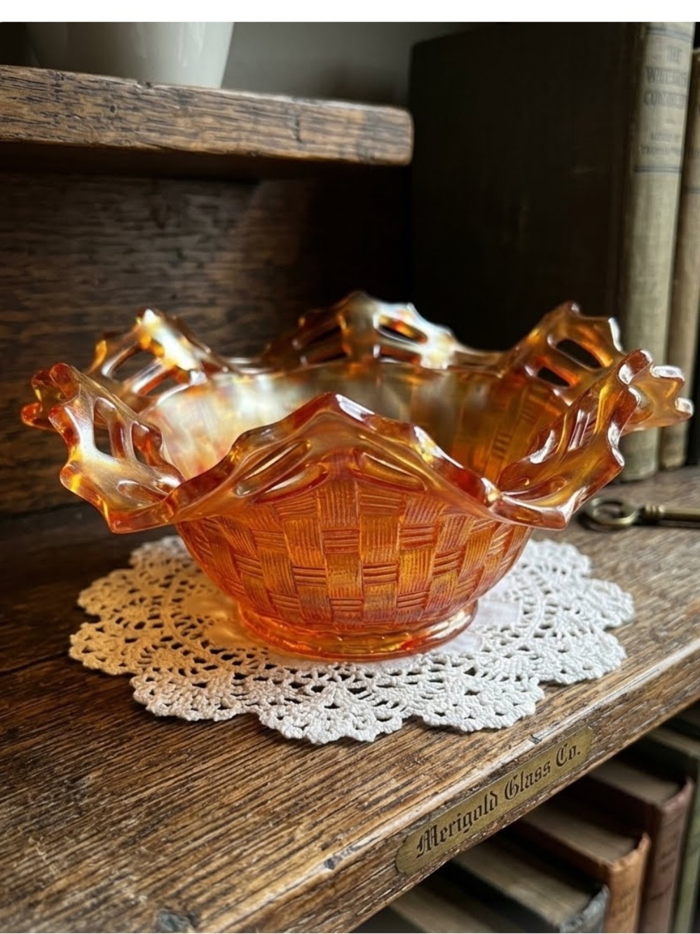 Fenton Carnival Glass bowl, basket weave open lace ruffled edge. Vintage